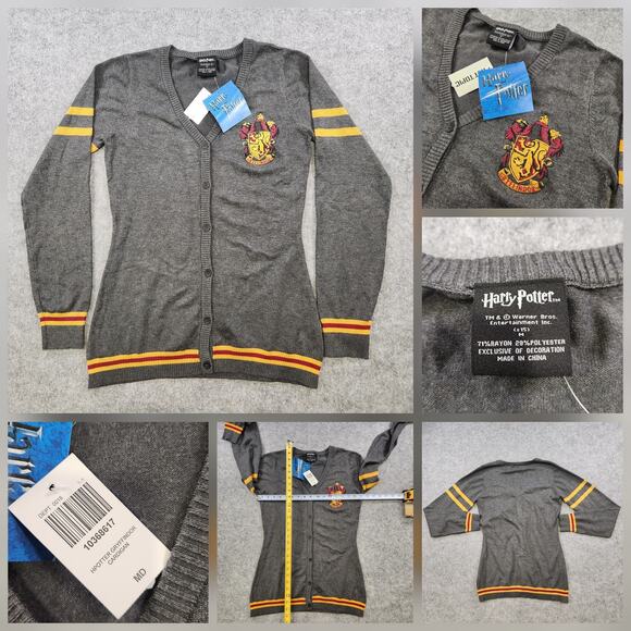Harry Potter Gryffindor Cardigan Womens Medium Gray Hot Topic Sweater NWT Crest - Picture 1 of 13